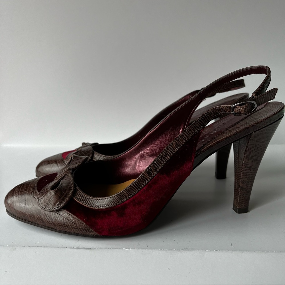 Gianni Bini Red Velvet and Brown Leather Slingback High Heels